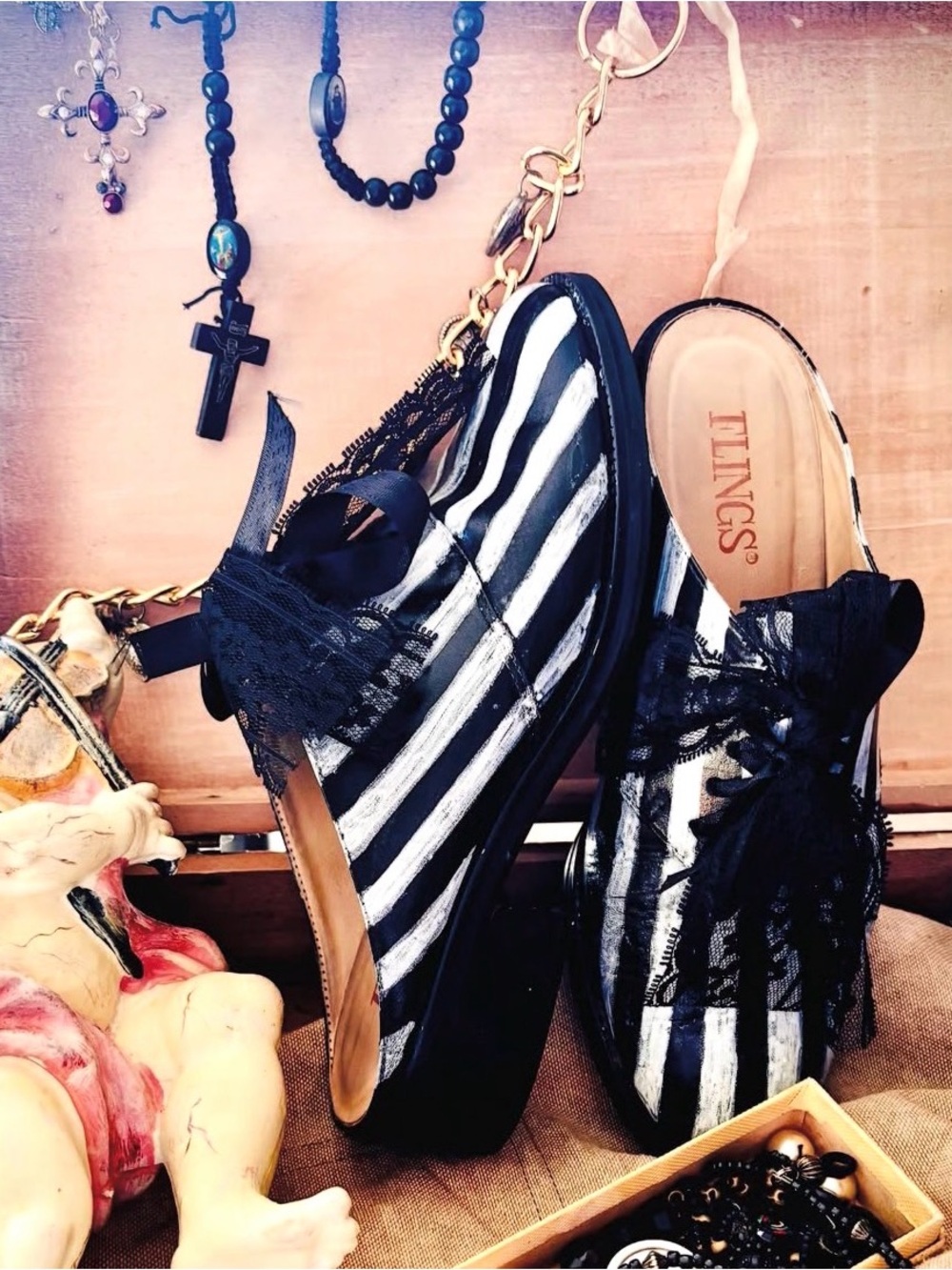 Striped Lace-Up Women's mules clogs Shoes Black & White leather handpainted